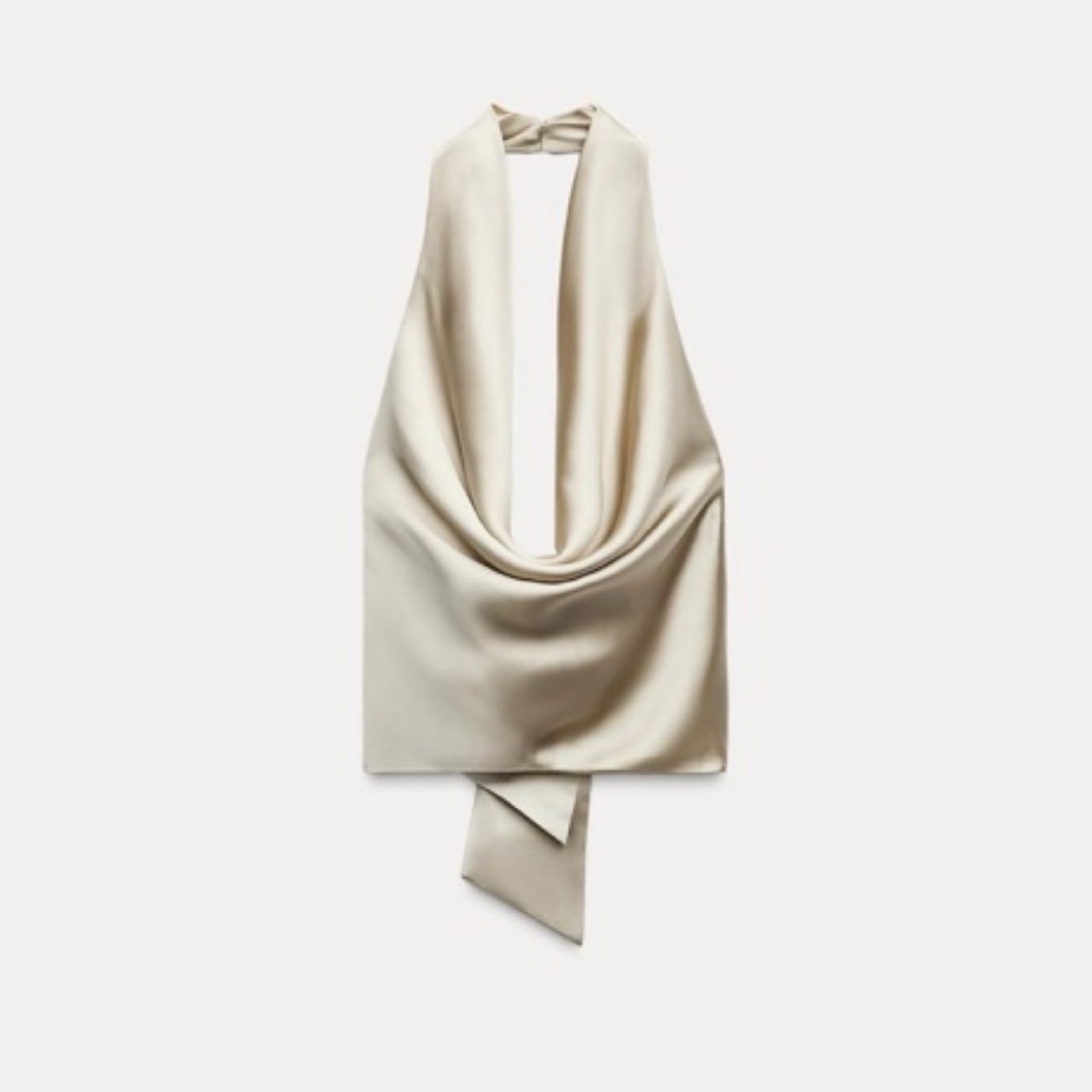 Zara Cream Satin Draped Halter Top